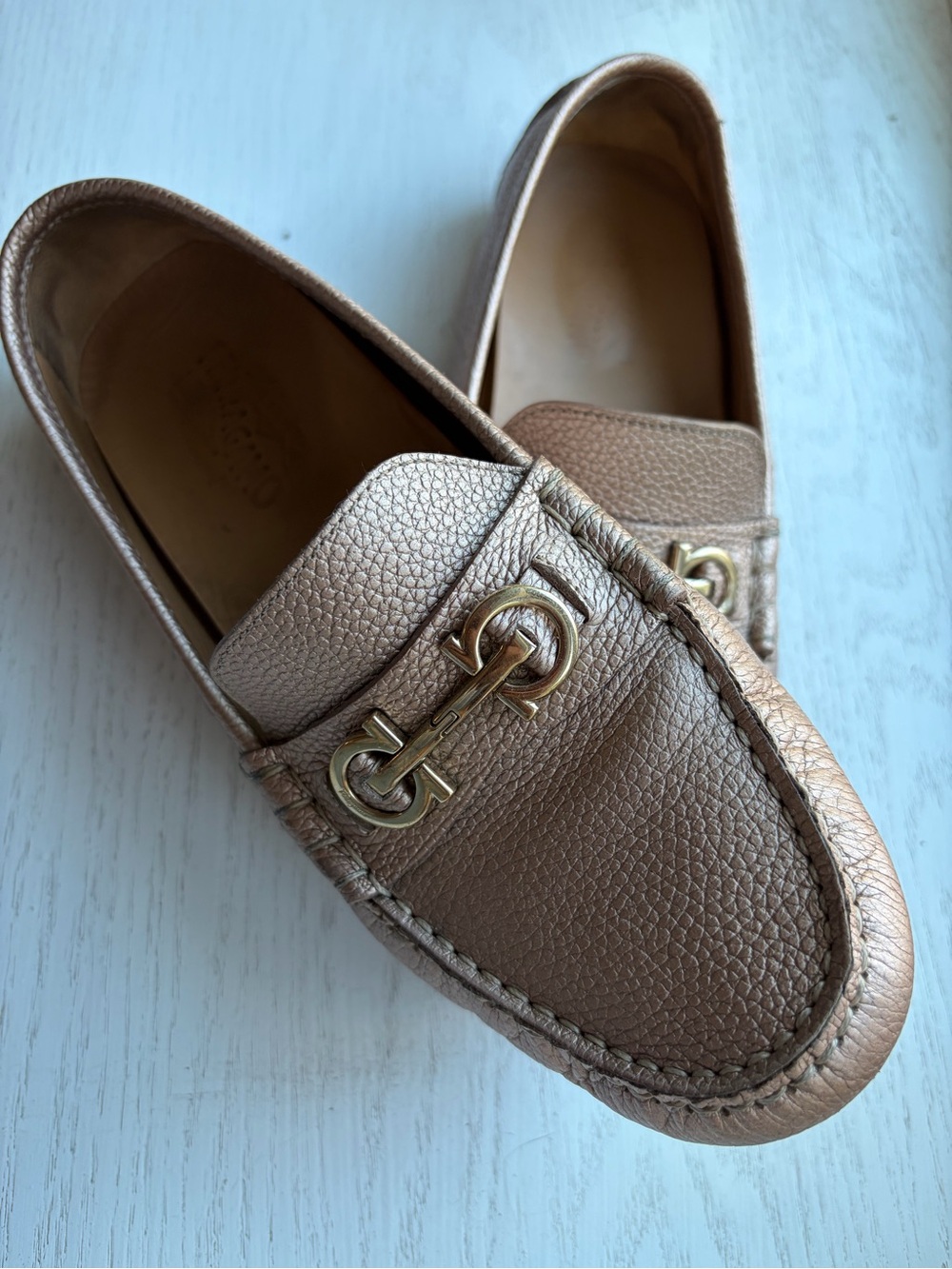 Rose Gold Ferragamo Leather Slip-On Loafers with Horsebit Accent